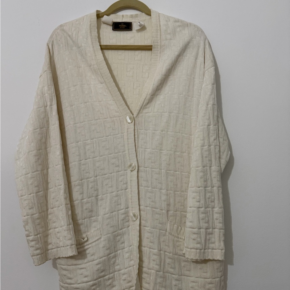 Fendi Cream Knit Logo-Textured Cardigan